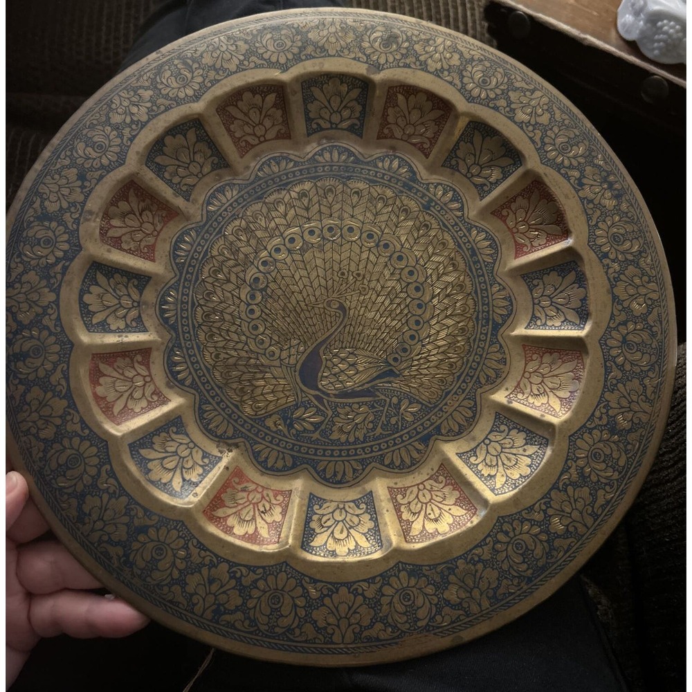 Vintage Brass Peacock Plate Metal Tray Enameled Etched Wall Hanging Decorative